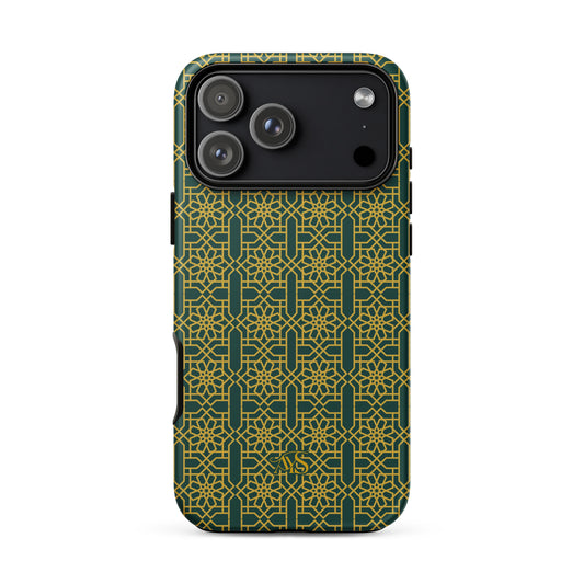 Emerald Gold Noor Tough Phone Case with a green-and-gold pattern and AYS logo at the bottom, designed for iPhone 18 Pro Max