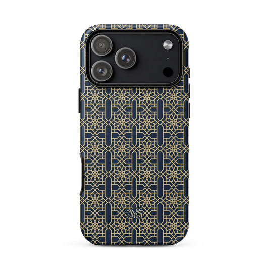 Royal Navy Noor Tough Phone Case with a blue-and-gold pattern and AYS logo at the bottom, designed for iPhone 18 Pro Max