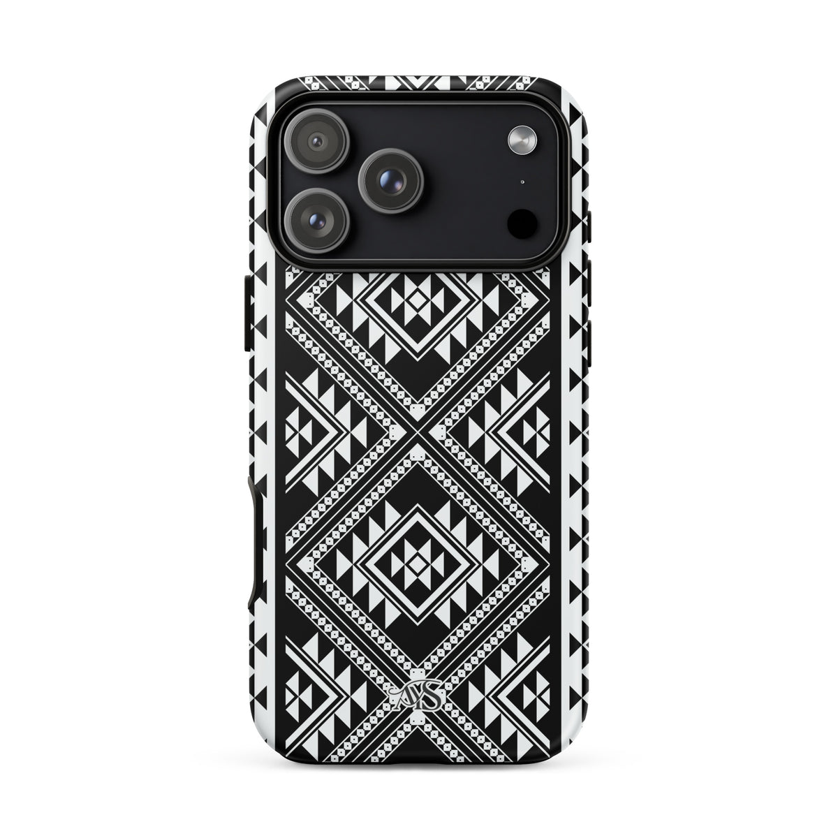 Monochrome Geometric Tough Phone Case with a black-and-white pattern and AYS logo at the bottom, designed for iPhone 18 Pro Max