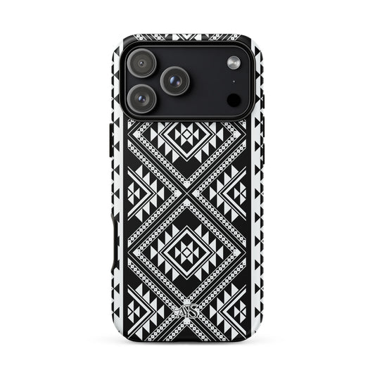 Monochrome Geometric Tough Phone Case with a black-and-white pattern and AYS logo at the bottom, designed for iPhone 18 Pro Max