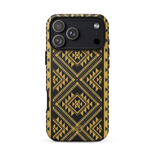 Midnight Prestige Geometric Tough Phone Case with a black-and-gold pattern and AYS logo at the bottom, designed for iPhone 18 Pro Max