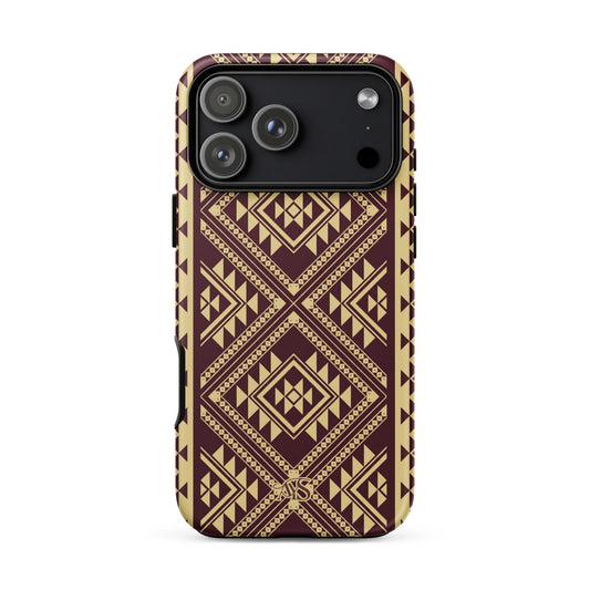 Burgundy Rose Geometric Tough Phone Case with a burgundy-and-rose gold pattern and AYS logo at the bottom, designed for iPhone 18 Pro Max
