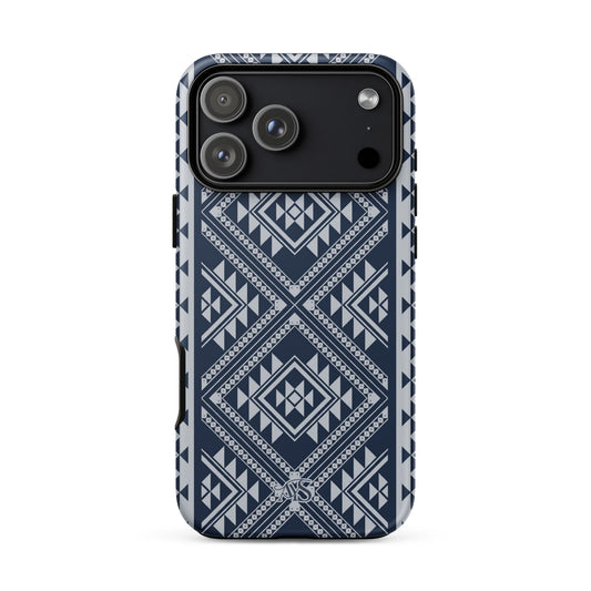 Royal Navy Geometric Tough Phone Case with a Royal Navy-and-silver pattern and AYS logo at the bottom, designed for iPhone 18 Pro Max